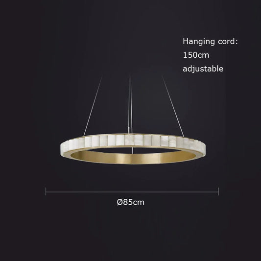 Modern halo pendant light above dining table