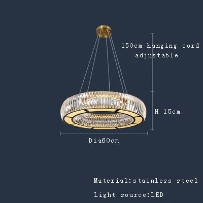 LED ring chandelier above living room seating