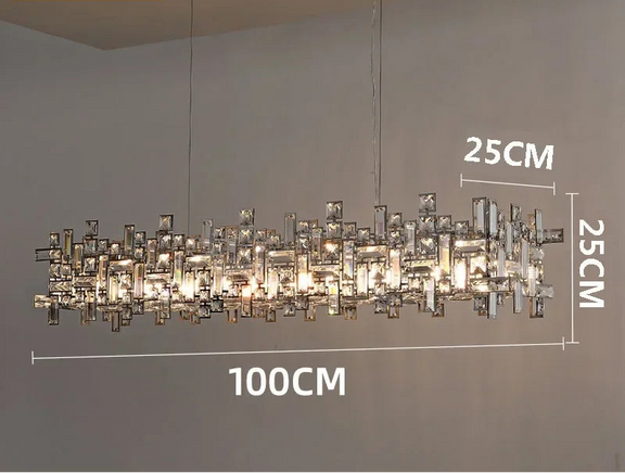 Rectangular crystal pendant light over dining table