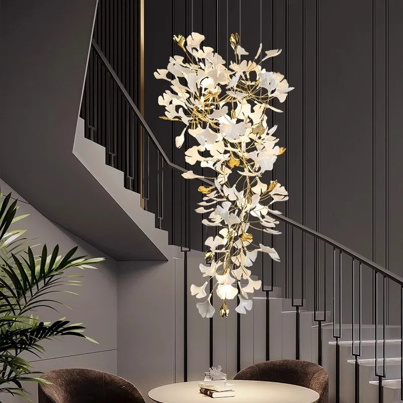 Luxury ginkgo leaf LED chandelier for staircase