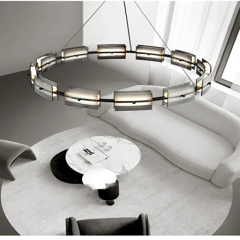 Adjustable height black chandelier with ribbed panels