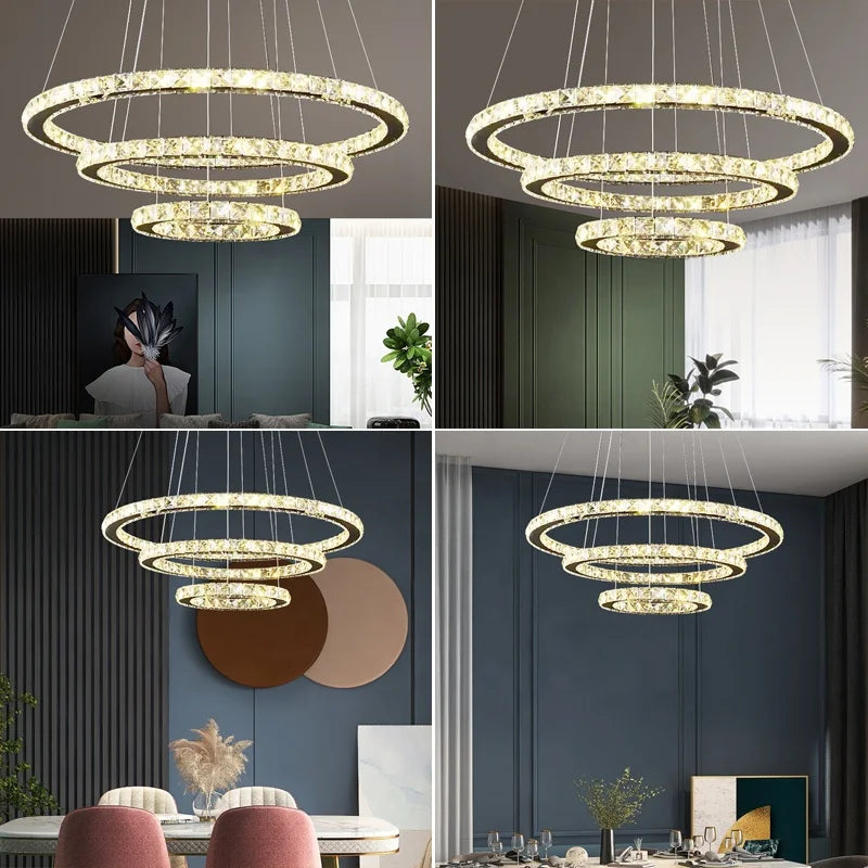 Modern K9 crystal ring LED chandelier 3-tier design