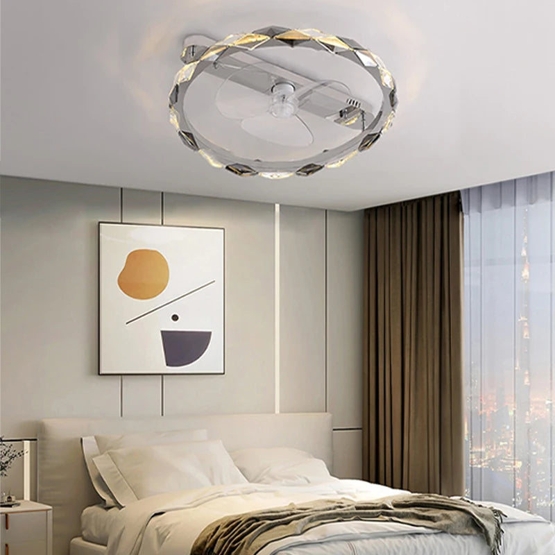 Gold crystal ring chandelier suspended from ceiling