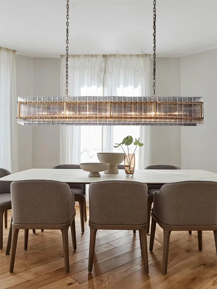 Rectangular glass rod chandelier with polished gold finish