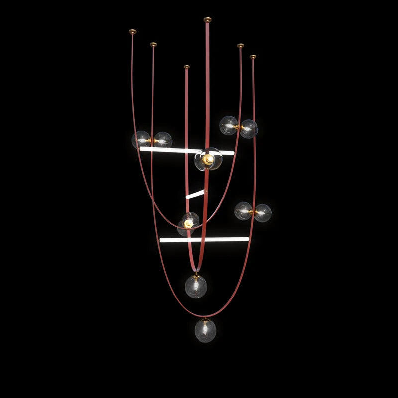 Modern LED belt-loop chandelier with smoked glass orbs