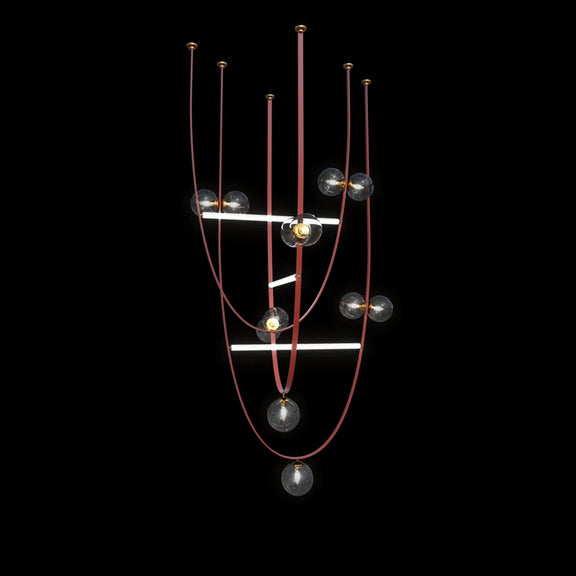 Modern LED belt-loop chandelier with smoked glass orbs