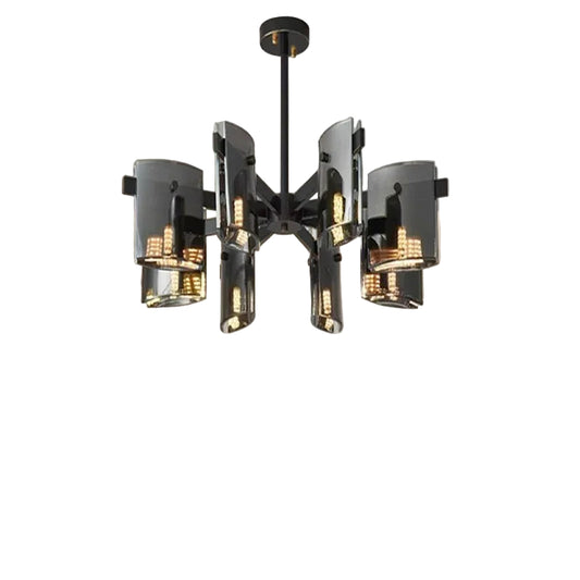 Black frame LED chandelier with cylindrical shades