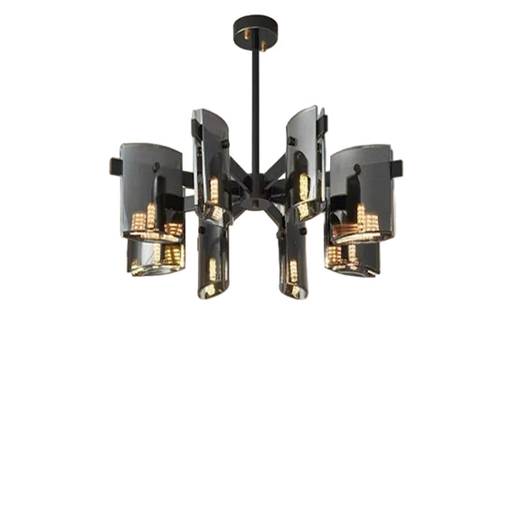 Black frame LED chandelier with cylindrical shades