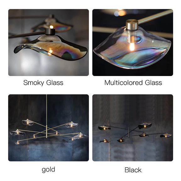 Decorative ceiling light with leaf-shaped glass shades.