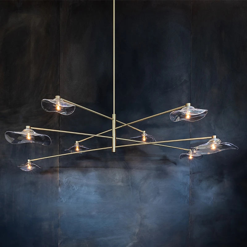 Modern leaf design chandelier with glass lampshades.