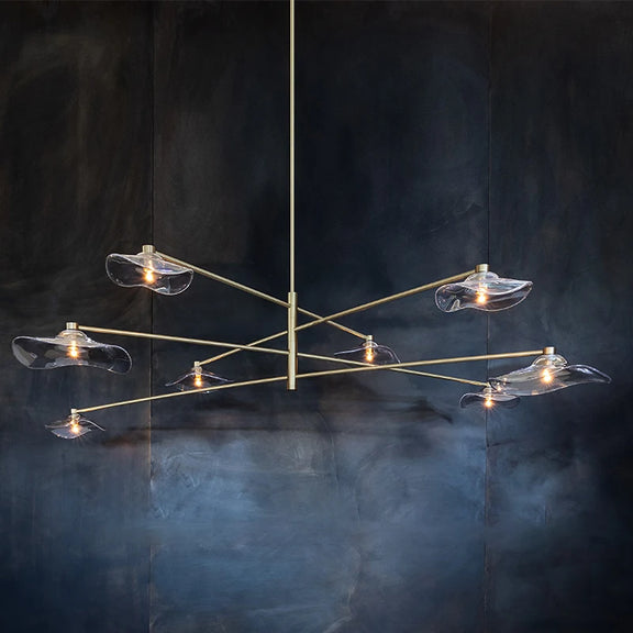 Modern leaf design chandelier with glass lampshades.