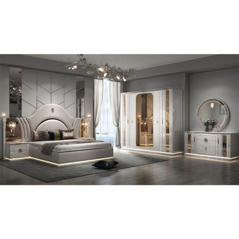 White Leather Bedroom Set with Fan-Shaped Headboard, Dresser & Nightstands