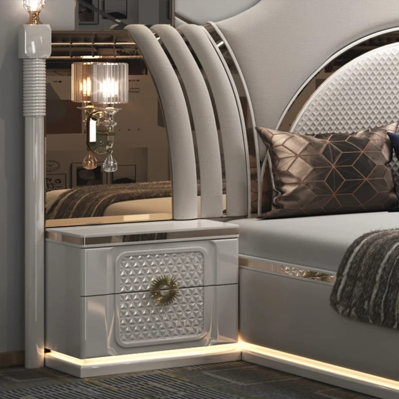 White Leather Bedroom Set with Fan-Shaped Headboard, Dresser & Nightstands