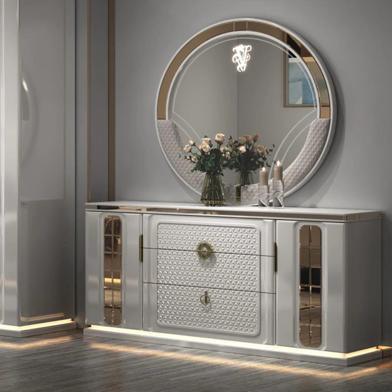 White Leather Bedroom Set with Fan-Shaped Headboard, Dresser & Nightstands