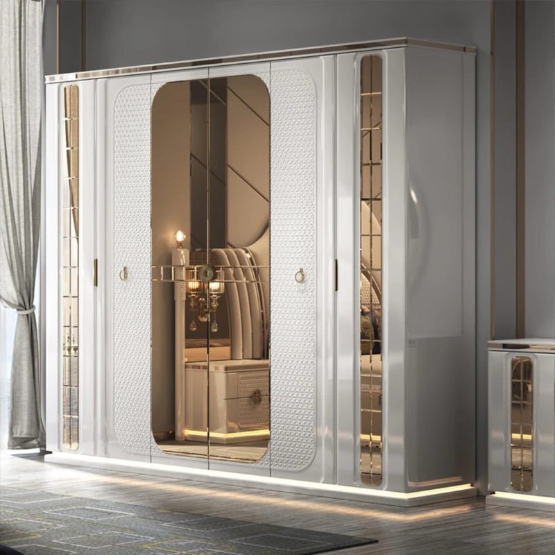 White Leather Bedroom Set with Fan-Shaped Headboard, Dresser & Nightstands