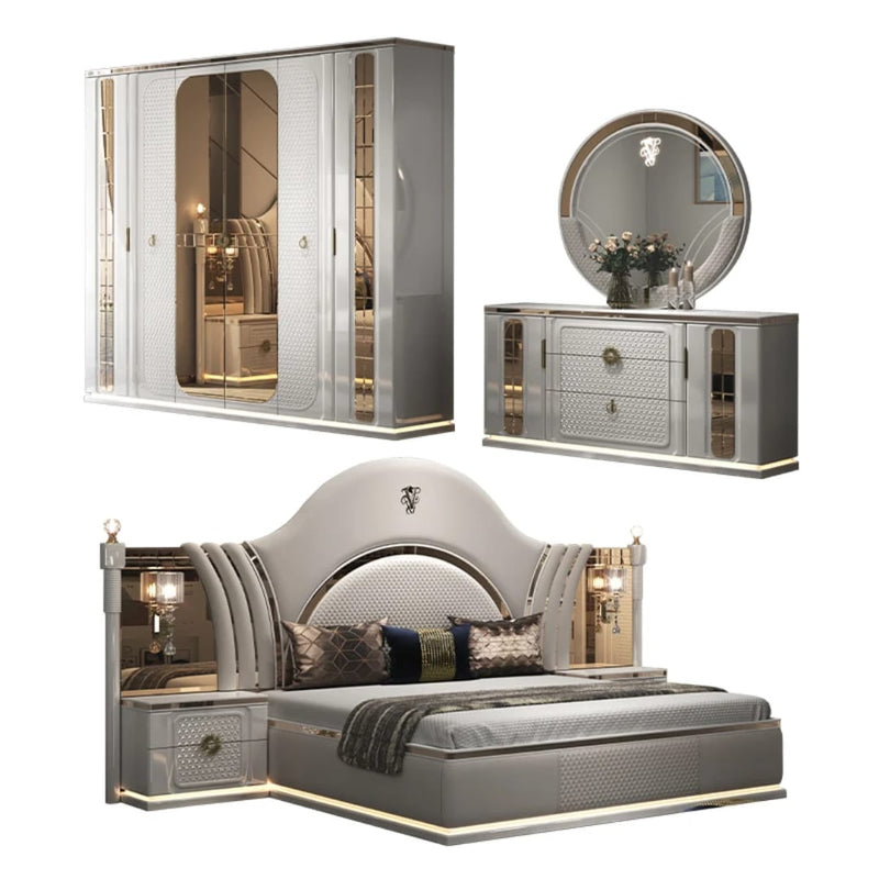 White Leather Bedroom Set with Fan-Shaped Headboard, Dresser & Nightstands