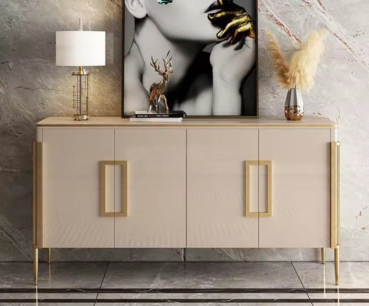 Stylish Beige Side Cabinet/Side Board/Storage Cabinet – Sleek Gold Accents & Spacious Storage Solution