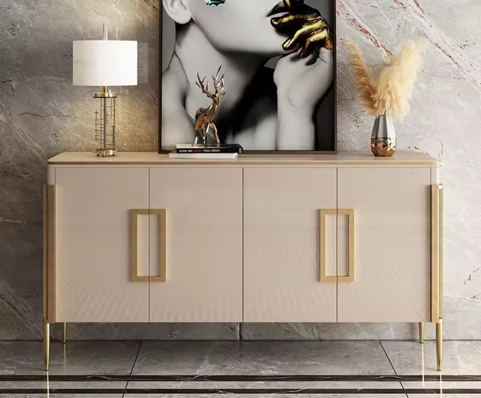 Stylish Beige Side Cabinet/Side Board/Storage Cabinet – Sleek Gold Accents & Spacious Storage Solution