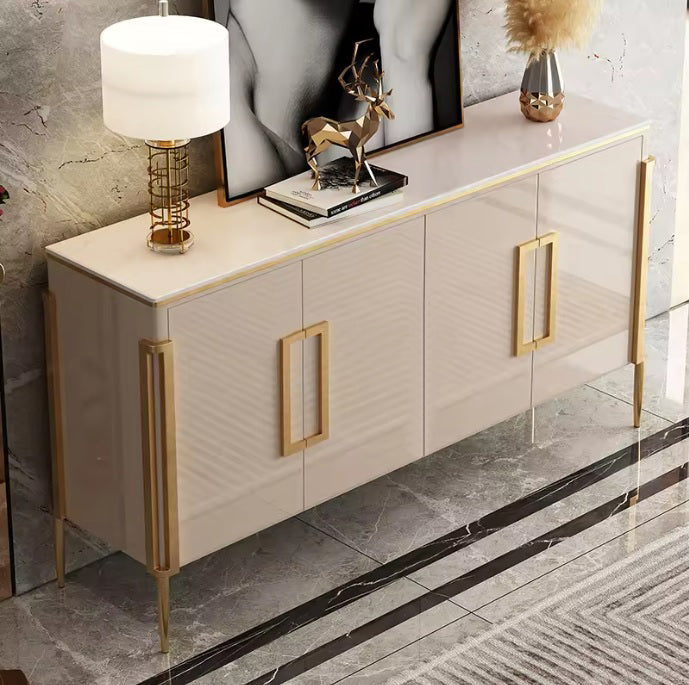 Stylish Beige Side Cabinet/Side Board/Storage Cabinet – Sleek Gold Accents & Spacious Storage Solution