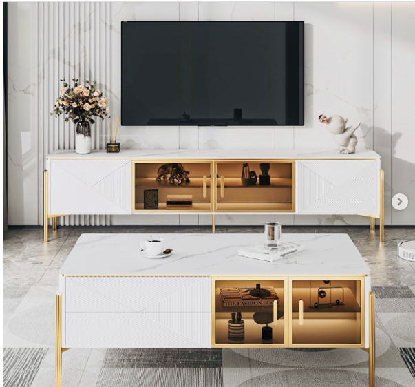 Luxury White & Gold Coffee Table with Marble Top and Glass Storage – Elegant Centerpiece for Modern Homes