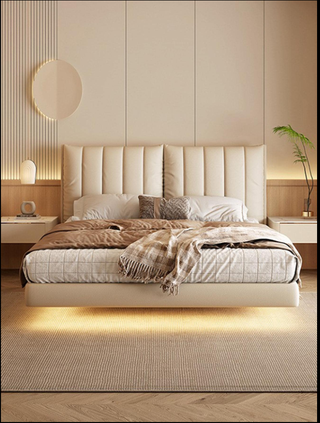 Minimalist Light Luxury Floating Bed - Modern Simple Wabi-Sabi Solid Wood Bed with Cream Leather, Double Bed for Master Bedroom