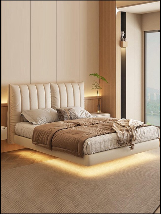 Minimalist Light Luxury Floating Bed - Modern Simple Wabi-Sabi Solid Wood Bed with Cream Leather, Double Bed for Master Bedroom