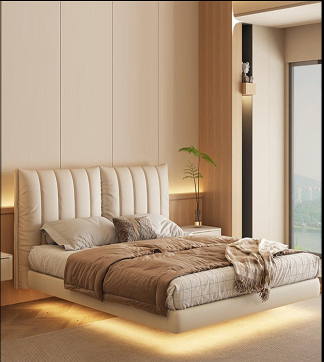 Minimalist Light Luxury Floating Bed - Modern Simple Wabi-Sabi Solid Wood Bed with Cream Leather, Double Bed for Master Bedroom