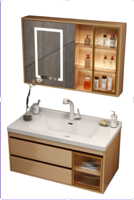 Natural Wood Wall-Mounted Vanity with Ceramic Basin & Smart Mirror
