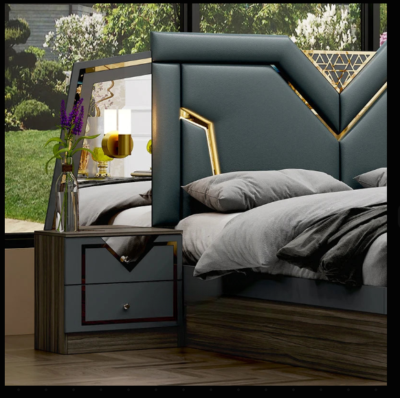 Luxury Grey Bedroom Set with Upholstered Bed, Wardrobe & Dresser