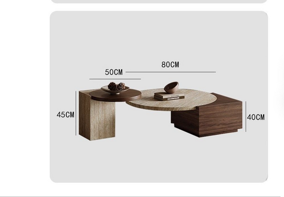 Wooden coffee table with dimensions labeled on a white background