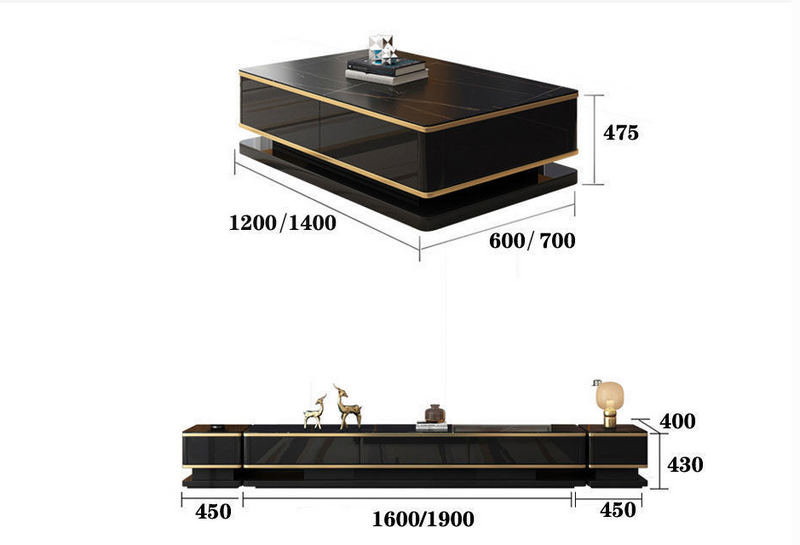 Postmodern Rock Board TV Cabinet & Coffee Table – Luxury Black & Gold Combo for Living Room