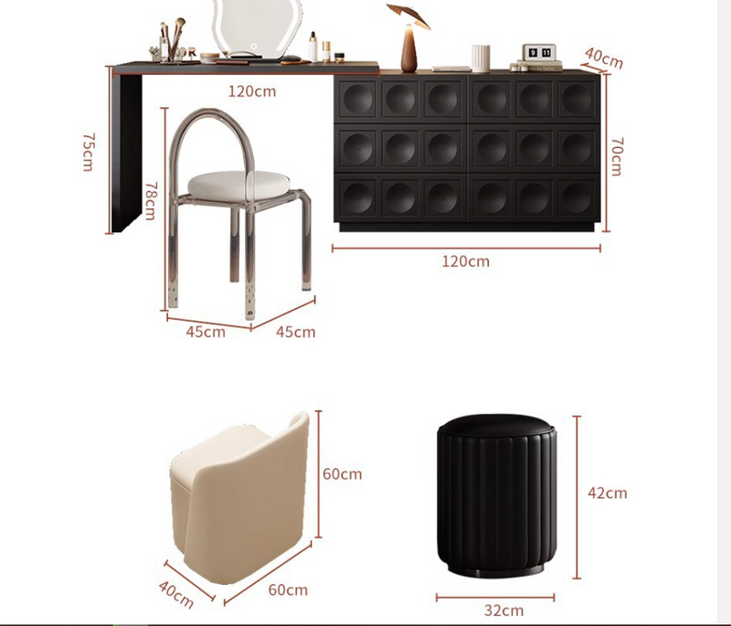 Black Retro Dresser Table with Integrated Drawers – Luxury Vanity with Mirror & Chair Options
