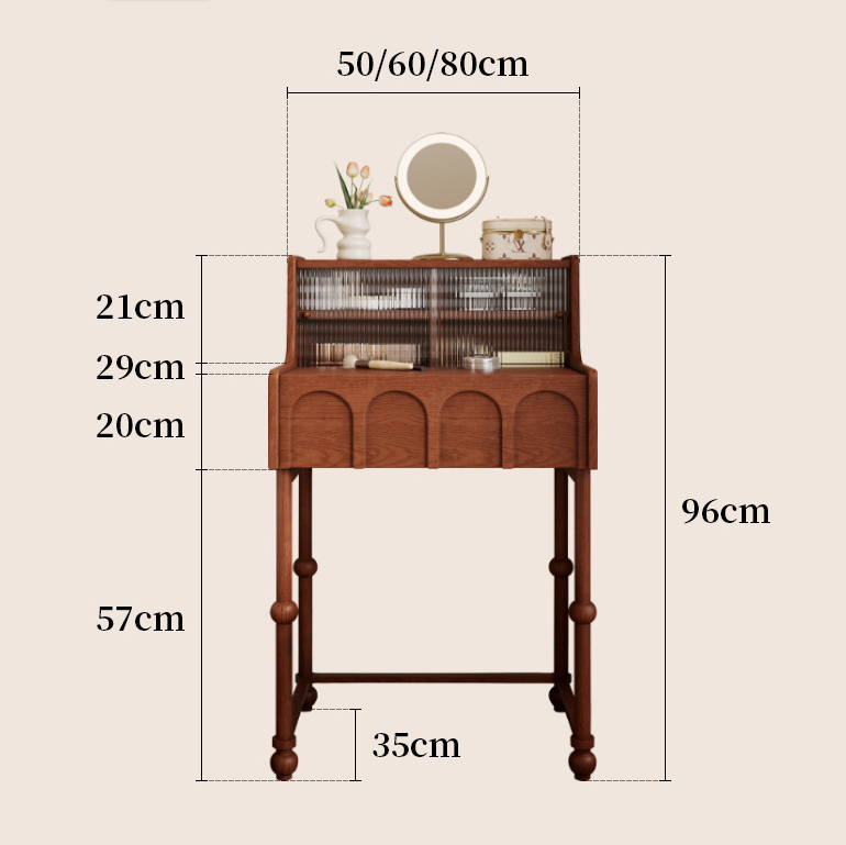 Retro Narrow Solid Wood Dresser Table with Mirror & Stool – Compact Vanity for Small Bedrooms