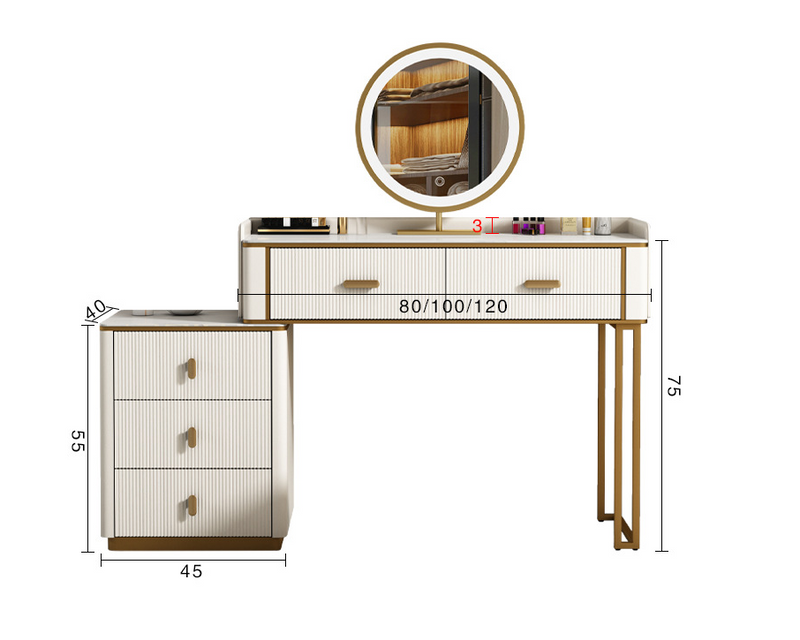 Expandable Luxury Dresser Table with LED Mirror & Stool – Multi-Size Bedroom Vanity