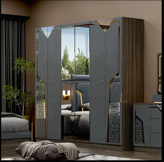 Luxury Grey Bedroom Set with Upholstered Bed, Wardrobe & Dresser