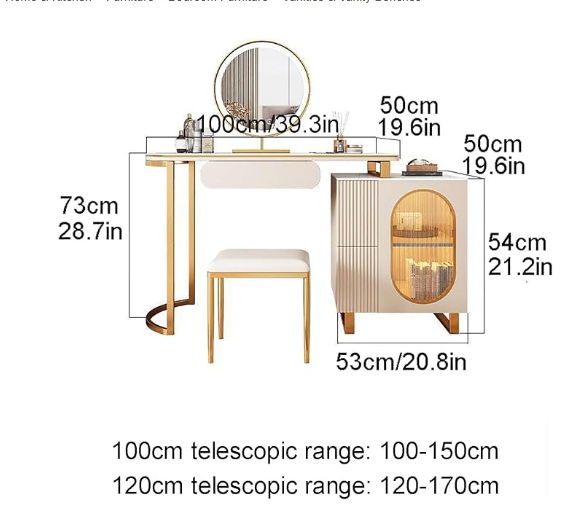 Italian Light Luxury Rock Slab Dresser with LED Mirror & Stool – Compact Vanity Table for Bedroom