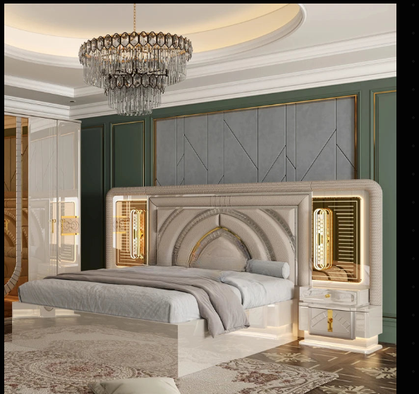 Modern Luxury Wooden Bedroom Set with Upholstered LED Headboard & Storage – King Size Home Furniture