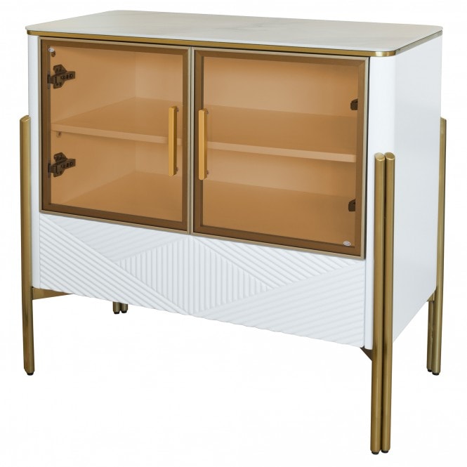 Elegant White & Gold Display Cabinet with Glass Doors – Stylish Storage cabinet or side Board or Side Cabinet  for Modern Interiors
