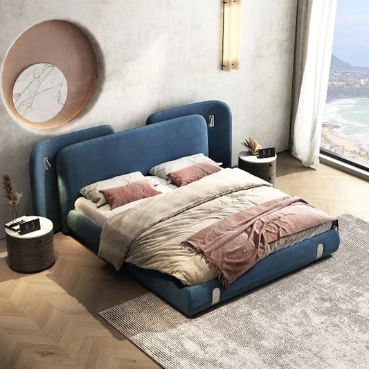 Modern Suede Upholstered Floor Bed with Wood Frame – King & Queen Size Bedroom Furniture