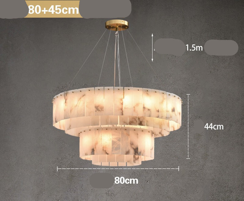 Chandelier with dimensions and specifications on a gray background