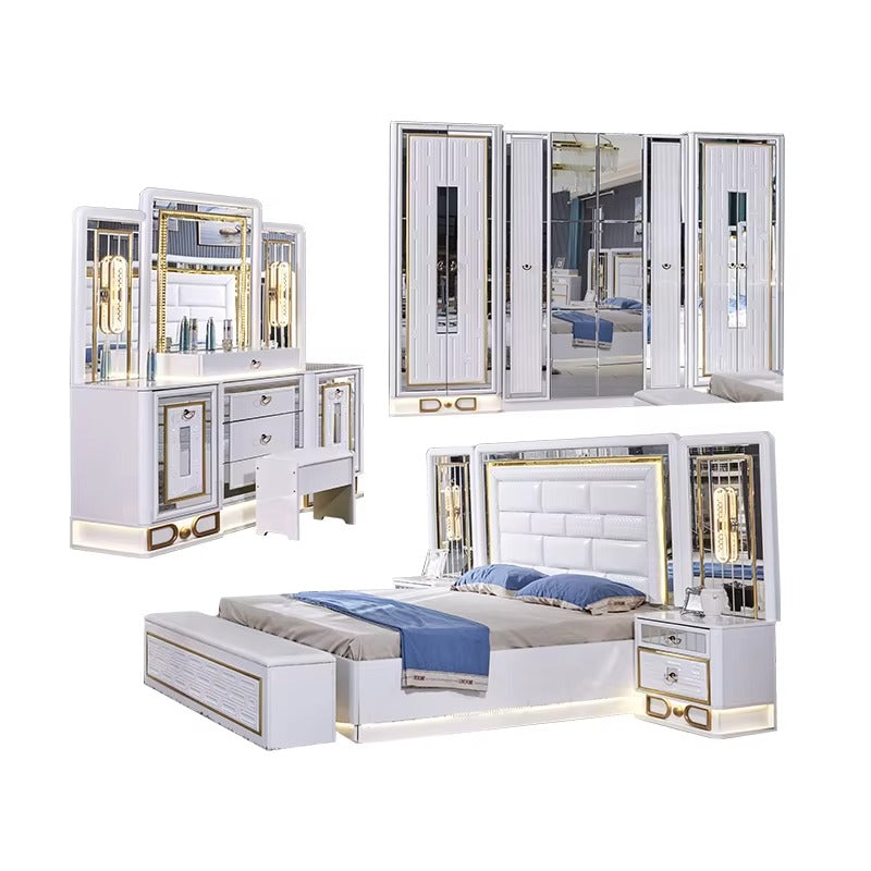 Luxury White and Gold Bedroom Furniture Set with LED Lights, Mirror Wardrobe, and Padded Headboard