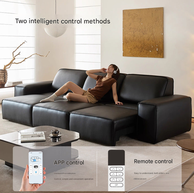 Big Black Bull Leather Sofa – Italian Minimalist Electric Recliner for Modern Apartments