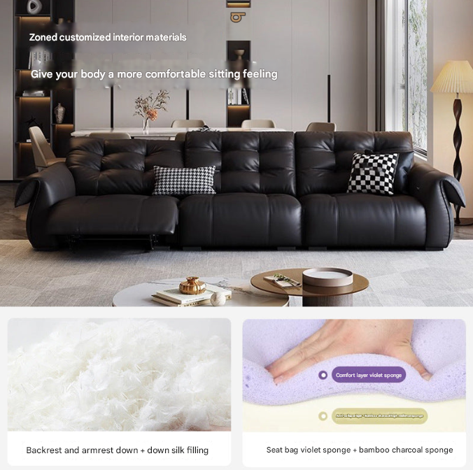 Modern Electric Recliner Sofa – Full Black Leather Telescopic Couch for Living Rooms