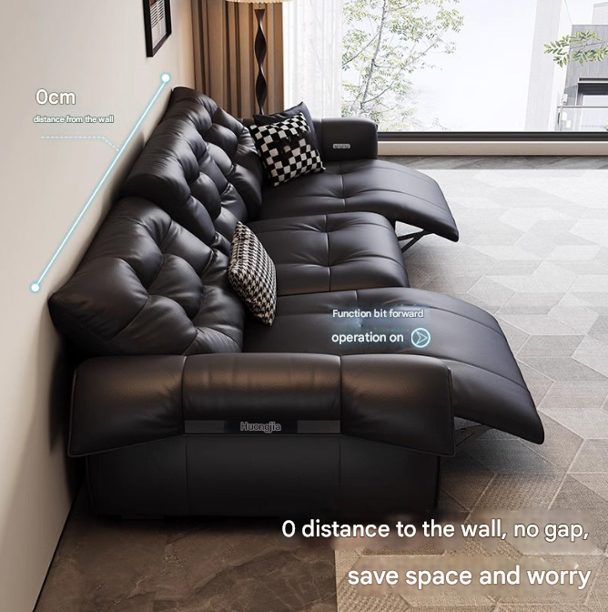Modern Electric Recliner Sofa – Full Black Leather Telescopic Couch for Living Rooms