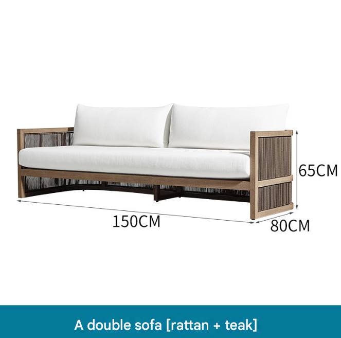 Nordic Outdoor Teak Rattan Sofa Set – Villa Courtyard Lounge with Coffee Table