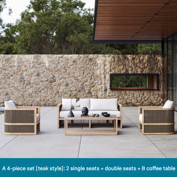 Nordic Outdoor Teak Rattan Sofa Set – Villa Courtyard Lounge with Coffee Table