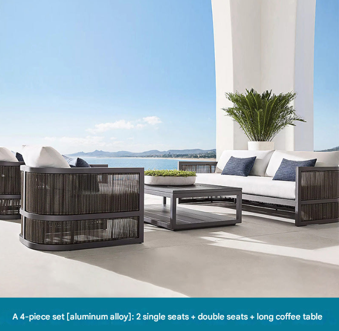 Nordic Outdoor Teak Rattan Sofa Set – Villa Courtyard Lounge with Coffee Table