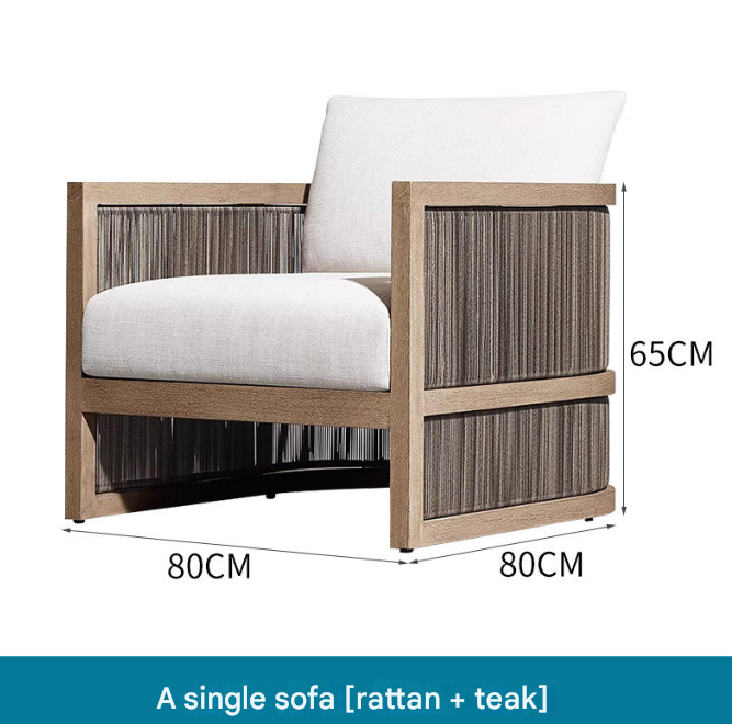 Nordic Outdoor Teak Rattan Sofa Set – Villa Courtyard Lounge with Coffee Table