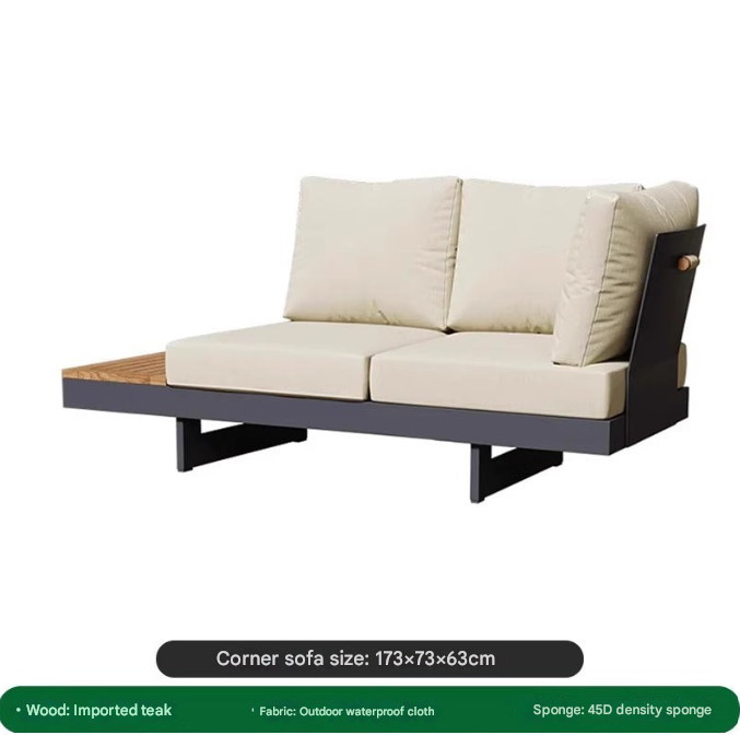 Modern Outdoor Teak & Aluminum Sofa Set – Waterproof Courtyard Lounge with Coffee Table