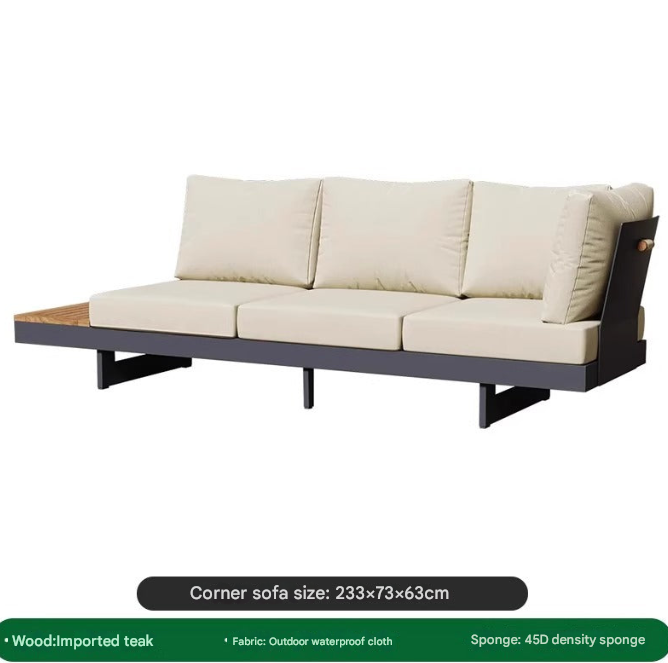 Modern Outdoor Teak & Aluminum Sofa Set – Waterproof Courtyard Lounge with Coffee Table